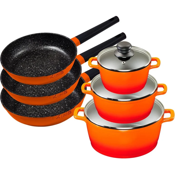 KING Topf-Set Shine Orange, Aluminiumguss (Set, 9-tlg, je 1 Kochtopf mit Deckel 18 /20/24 cm, je 1 Bratpfanne 20/24/28 cm), Induktion – Bild 1