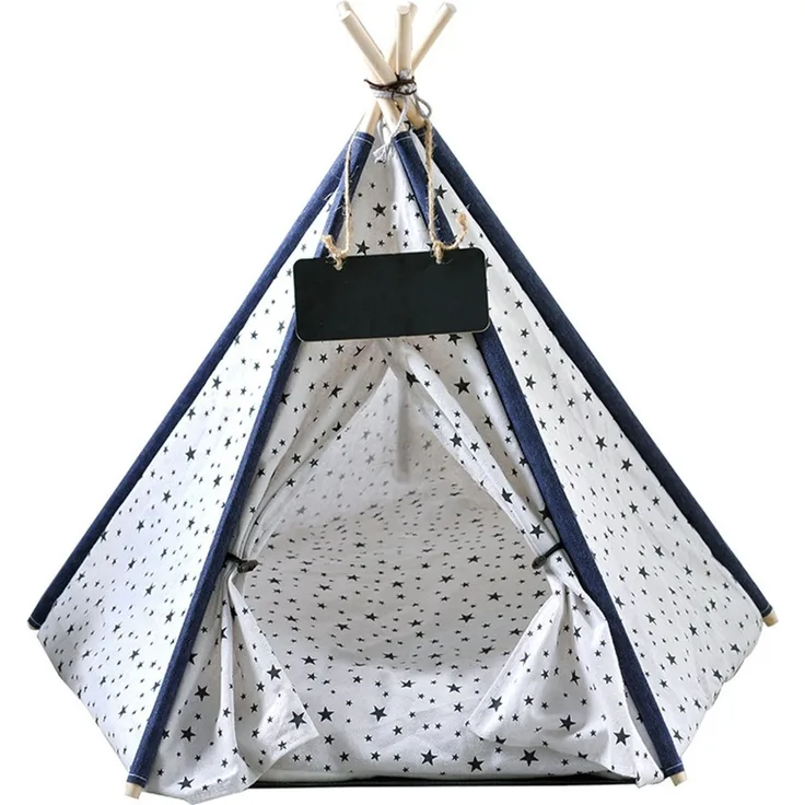 Pettimania Tipi mit Sternprint für Katzen, Maße: 50 x 50 x 70 cm, weiß mit dunkelblauem Sternen-Aufdruck