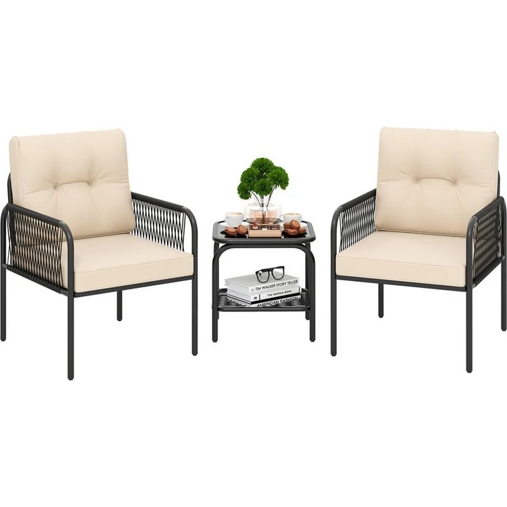 COSTWAY Balkonset, (3-tlg), 1 Tisch, 2 Stühle Gartenmöbel mit Kissen, Rattan – Bild 1