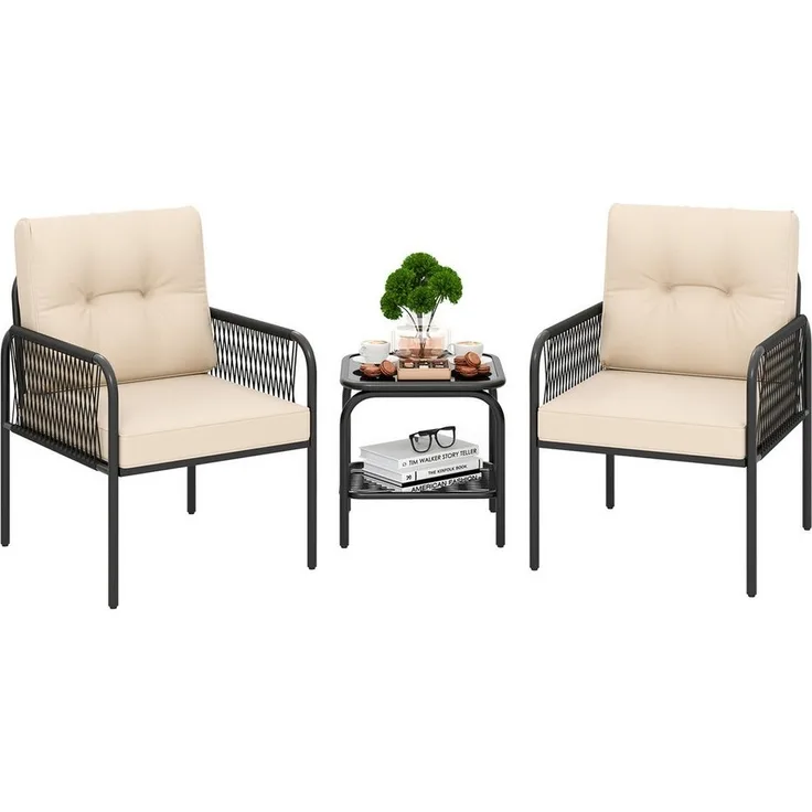 COSTWAY Balkonset, (3-tlg), 1 Tisch, 2 Stühle Gartenmöbel mit Kissen, Rattan