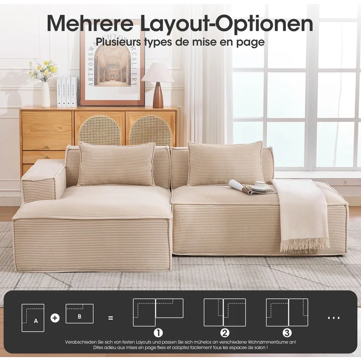 LVHOM Ecksofa 2 Sitzer, Modulares Sofa 235 cm breit, L-Form Sofa mit 2 Kissen, Schlafsofa aus Cordstoff, kein Aufbau erforderlich, Khaki – Bild 3