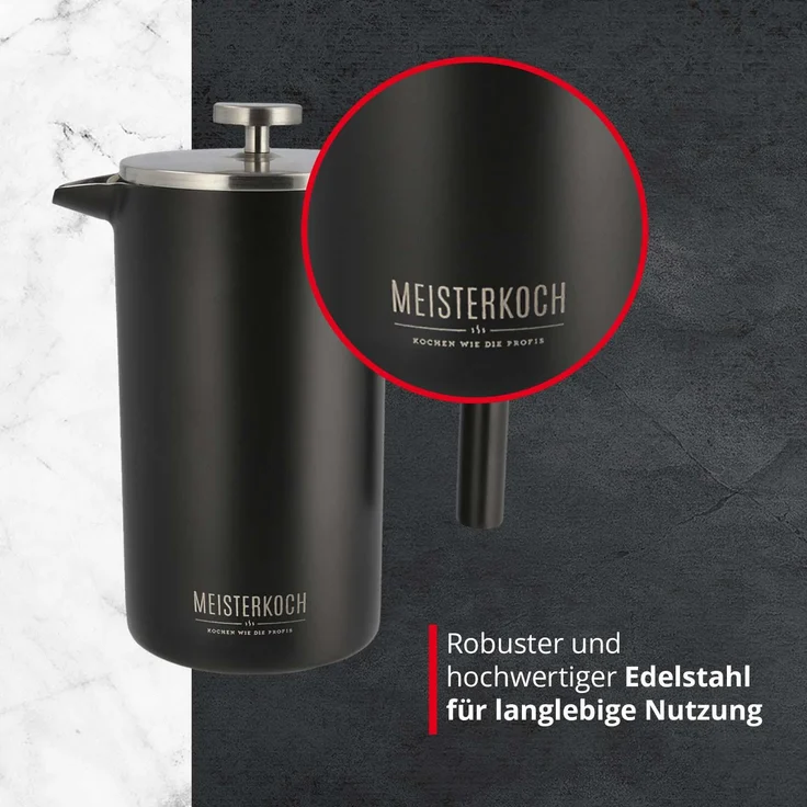 Meisterkoch French Press Kaffeepresse Thermo-Kaffeebereiter aus Edelstahl in schwarz, 1 Liter, 5-7 Tassen, doppelwandig isoliert, rostfrei, nachhaltig, für Camping, Reisen und Zuhause – Bild 2