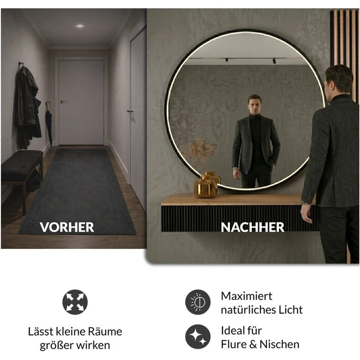 Planetmöbel Konsolentisch AMYRA Flurtisch 100 cm, VELUNA Spiegel mit Beleuchtung 60 - 100 cm (Konsolentisch 100 cm, 2-St, inkl. Spiegel mit Beleuchtung rund 100x100 cm), Wandkonsole & Wandspiegel Flur Set – Bild 3
