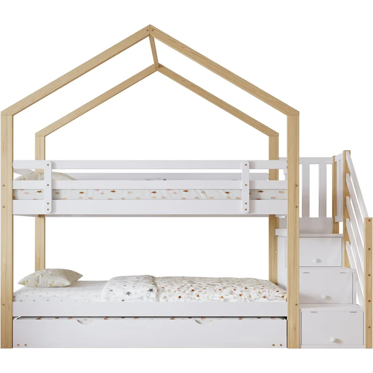 Merax Etagenbett, Ausziehbares Baumhausbett, Schiebebett, Treppe mit 4 Schubladen, Kinderbett mit Absturzsicherung und Kinderbettgitter, mit Lattenroste, Natur+Weiß (90x200cm&90x190cm) – Bild 9