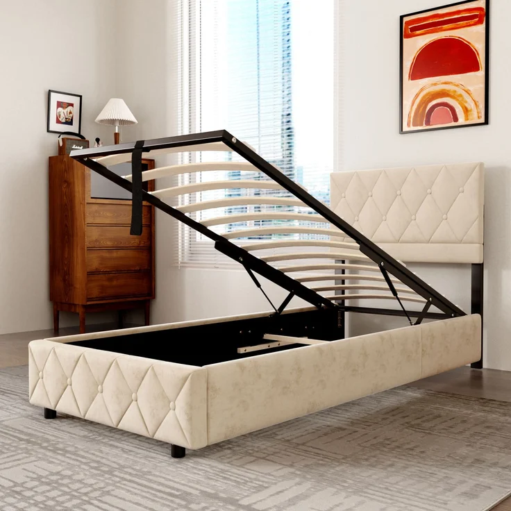 Polsterbett aus Kunstleder mit Aufbewahrungsbox & Lattenrost, ohne Matratze, 90x200 cm, Beige – Bild 3