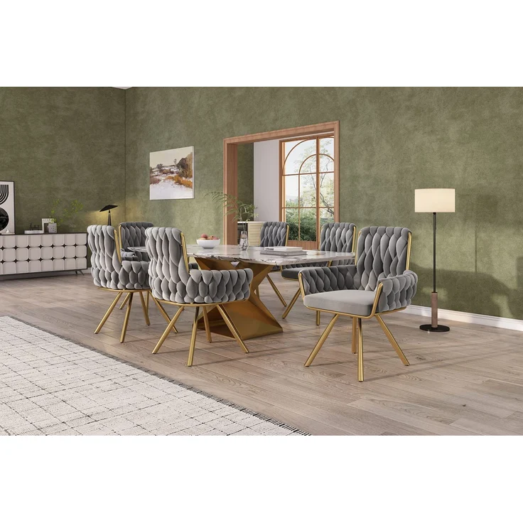 Merax Samt-Esszimmerstuhl, 6er set, Sessel, einzelner luxuriöser Wohn- und Schlafzimmer-Drehstuhl, Freizeit-Drehstuhl mit vier Stützbeinen aus Metall, grau – Bild 10