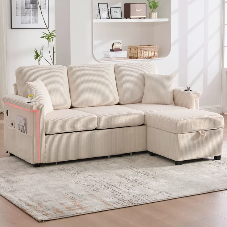 Sofa, Hochwertiges Samtsofa mit LED-Beleuchtung USB-C-Port inklusive Stauraum-Fußteil praktischen Getränkehaltern und Seitentaschen Premium Qualität für Wohnzimmer Schlafzimmer oder Büro, Samt, Beige, – Bild 7