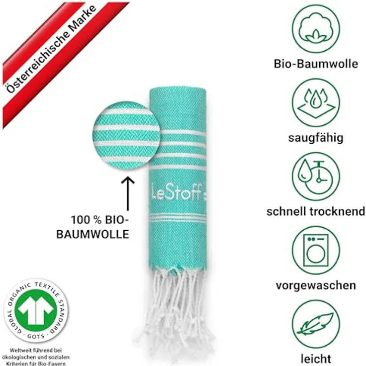 LeStoff Premium Hamamtuch 50 x 100 cm – 100% Bio-Baumwolle, Vorgewaschen, Leicht, Saugstark & Schnelltrocknend, Turquoise – Bild 3