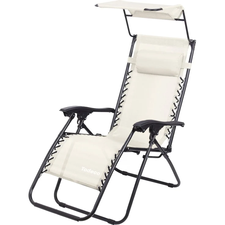 Todeco Liegestuhl klappbar mit Sonnenschutz, Sonnenstuhl mit abziehbare Kissen, Max Belastbarkeit 100kg, Strandliegestuhl leicht, Beige – Bild 2
