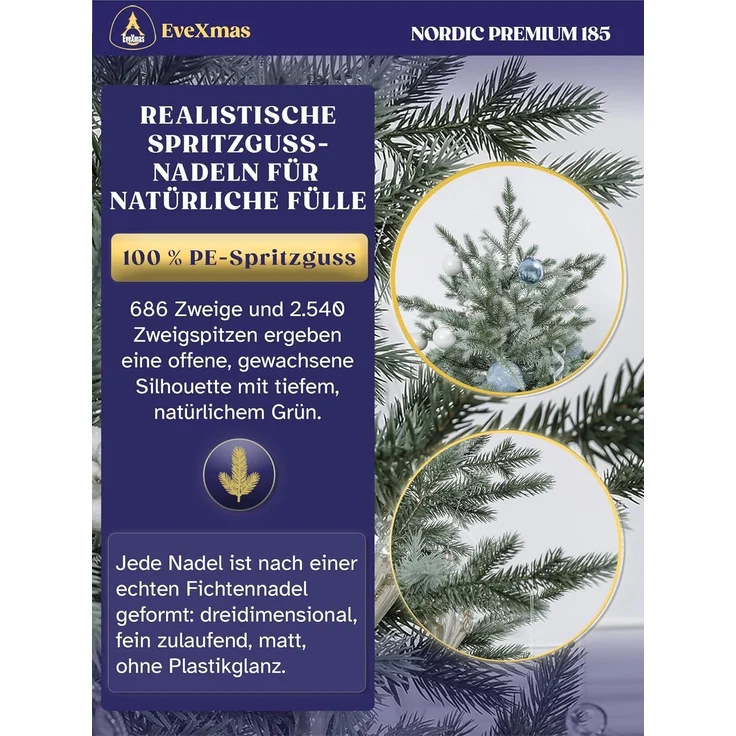 EveXmas Nordic Premium Künstlicher Weihnachtsbaum Grün 185 cm – 686 Astspitzen, inkl. klappbarem Metallständer – Bild 3
