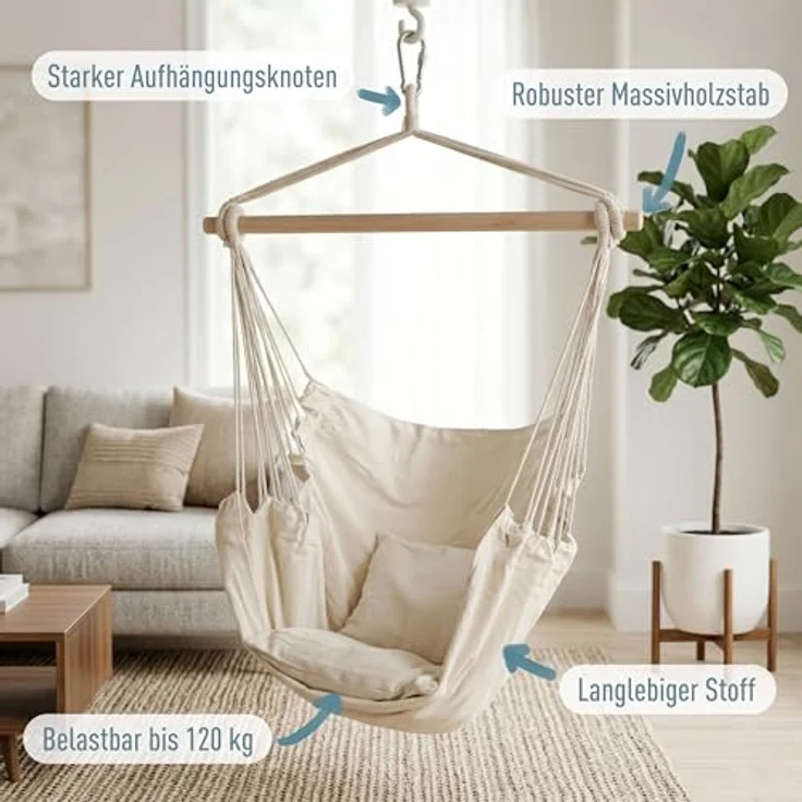 ib style Hängematte Kalea Hängesessel Cappuccino, Hängestuhl mit 2 Kissen und Zubehör - bis 120kg belastbar – Bild 4