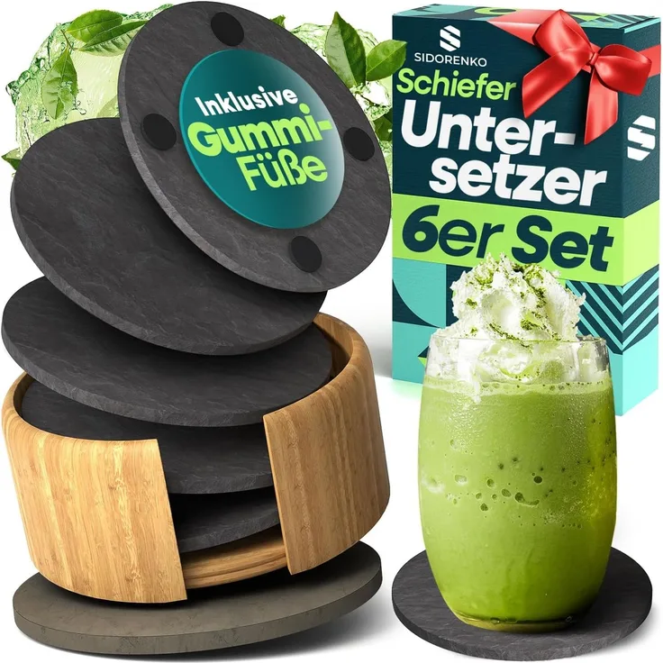 Loco Bird Getränkeuntersetzer 6er Set aus Schiefer rund inkl. Box, Zubehör für Getränke, Tassen, Glas, Design Glasuntersetzer in dunkelgrau
