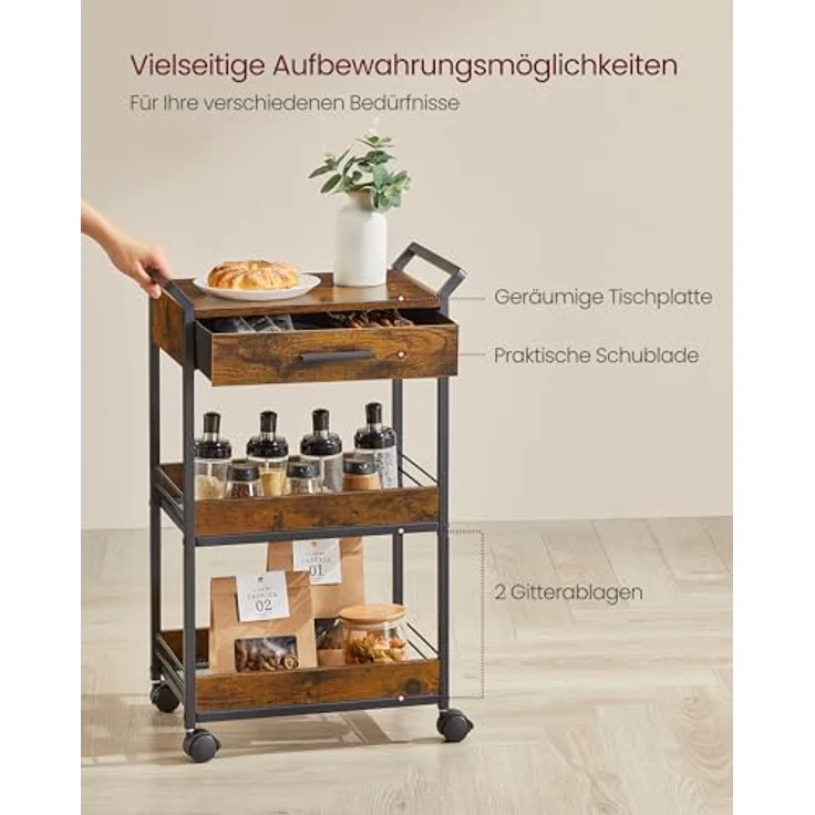 VASAGLE Rollwagen, Küchenwagen 3 Ebenen, Servierwagen mit Bremsen, Holzspanplatte, obere Schublade, Aufbewahrungsregal für Küche, Badezimmer, Schlafzimmer, vintagebraun-tintenschwarz LRC048K01 – Bild 6