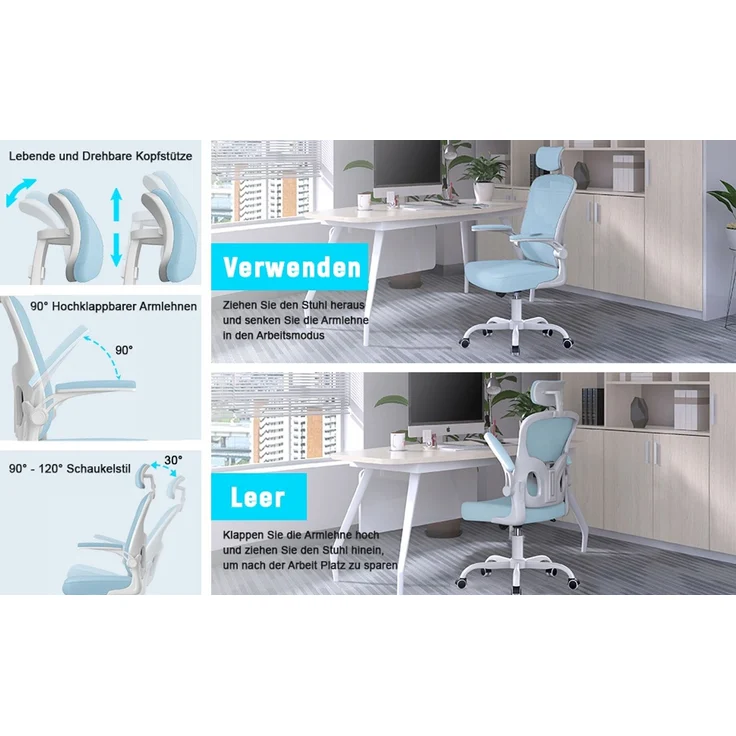 Botifly Ergonomischer Bürostuhl mit Kopfstütze, Mesh-Gewebe, Hellblau, 90°-120° Wippfunktion, 10 cm Höhenverstellbar – Bild 9