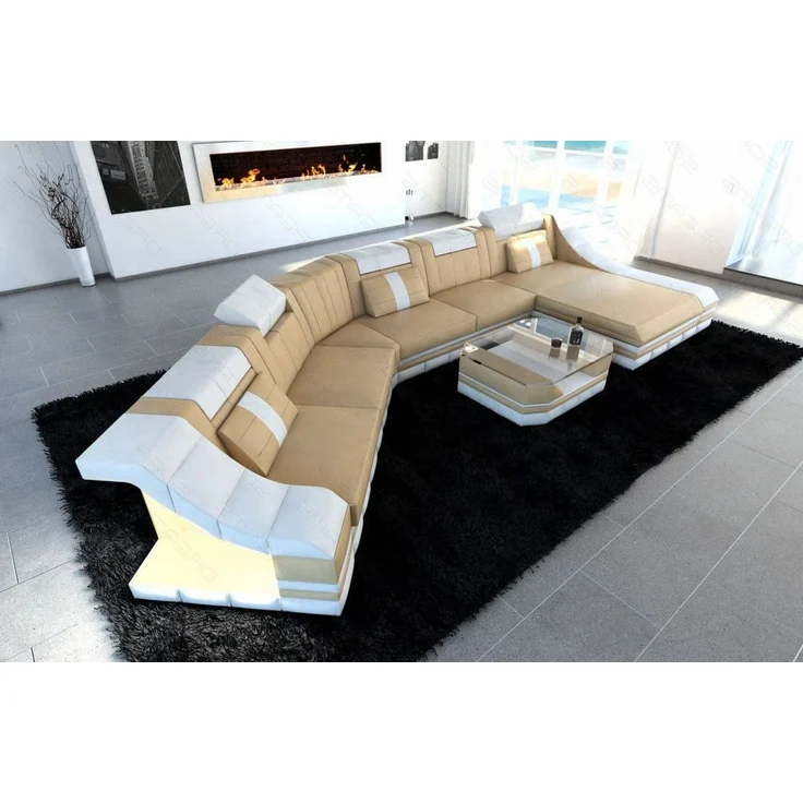 Mini Leder Wohnlandschaft Turino CL mit LED - Büffelleder - Sandbeige-Weiss - Rechts – Bild 6