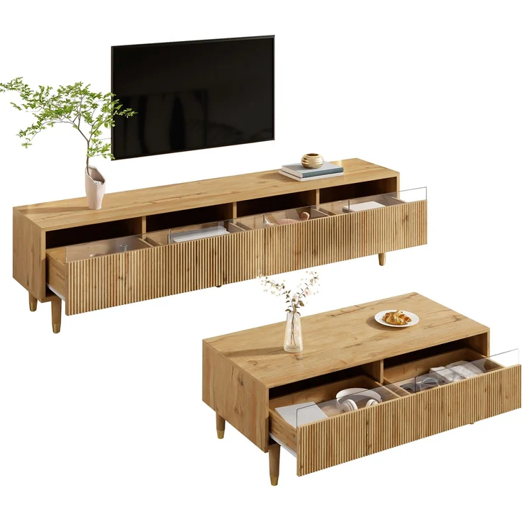 Modernes LED-Möbelset: TV-Schrank mit 4 Türen & Couchtisch mit 2 Schubladen – Holzfarben-Gold Design, LED-Beleuchtung, Wellenstruktur & Acrylfront für stilvolles Wohnen--Holz--119x57.78x12.7cm--YOUDENOVA – Bild 2