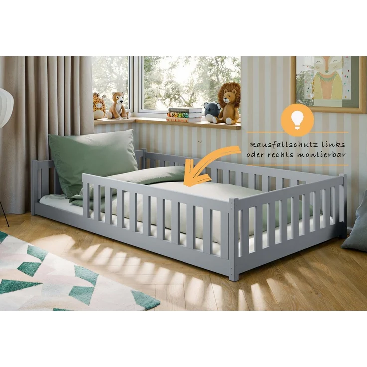 Kids Collective Kinderbett Bodenbett Bett mit Rausfallschutz & Lattenrost Montessori Bett Kinder (Jungen, Mädchen, Kinder, weitere Größen 80x160, 80x180, 90x190, 90x200, 140x200 cm), Jugendbett Einzelbett Aschgrau Kiefer 120x200 cm – Bild 4