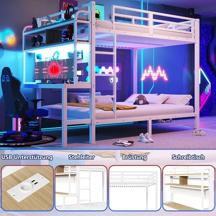 Etagenbett mit RGB LED-Lichterkette, Steckdose, USB, Schreibtisch, Leiter, Regal, Rausfallschutz und Lattenrost, 140x200cm, Metallbett, Kinderbett – Bild 5