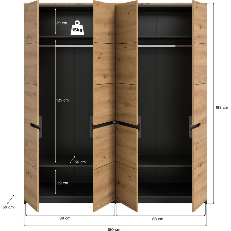 Kleiderschrank Sova 4-türig – Moderner Schrank in Eiche-Optik & Schwarz mit Stauraum – Bild 3
