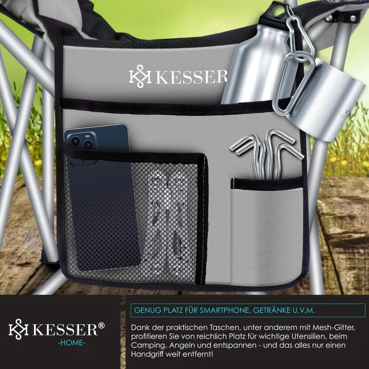 KESSER® Campingstuhl faltbar bis 150 kg Angelstuhl Faltstuhl Klappstuhl Gepolstert mit Armlehnen, Getränkehalter + Tasche mit hoher Rückenlehne, Strandstuhl, Klapphocker Grau / Schwarz – Bild 4