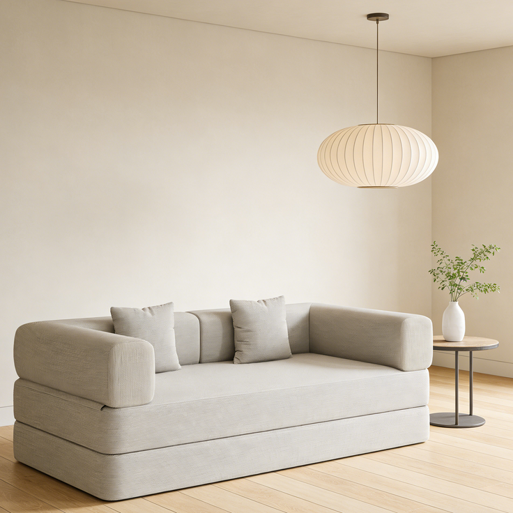 ZUBALIYA Corduroy klappbar Matratze Couch mit Fixed-Shape Rahmen / umwandelbar Sleeper Sofa Bett mit Cylindrical Kissen, 200.00 x 100.00 x 70.00 cm, fürs Schlafzimmer, Off Weiß – Bild 4