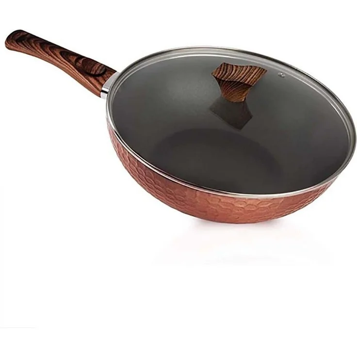 KVOTA Wok Pfanne abnehmbarer Holzoptik-Griff Deckel Ø32cm Antihaft Groß 4,7L, Aluminium, Außenseite mit temperaturbeständiger Beschichtung – Bild 1