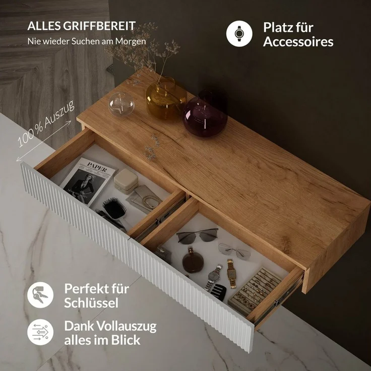 Planetmöbel Konsolentisch AMYRA Flurtisch 100 cm, NOVA Spiegel mit Beleuchtung 60 - 100 cm (Konsolentisch 100 cm, 2-St, inkl. Spiegel mit Beleuchtung rund 100x100 cm), Wandkonsole & Wandspiegel Flur Set – Bild 3