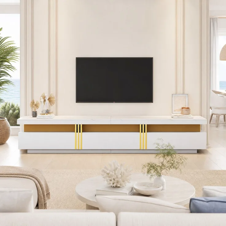 DESVIAE Couchtisch-Set 2-tlg. mit TV-Schrank, Schubladen, Spanplatte, Weiß, 100x40x50 cm und 200x42x40 cm