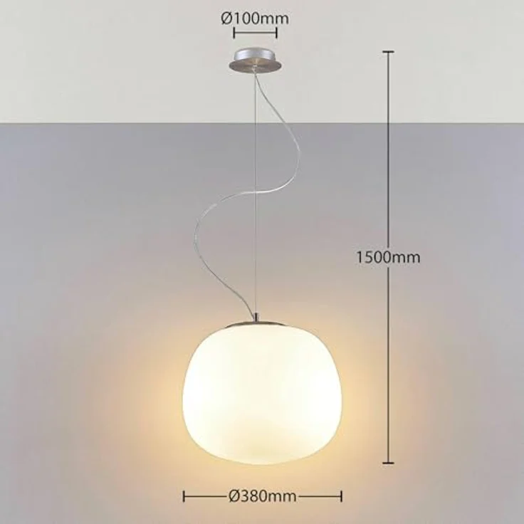 Lindby Pendelleuchte aus Glas, E27 max. 60W, weißer Opalglas-Lampenschirm, modernes Design, Ø 38 cm, höhenverstellbar 150 cm – Bild 8