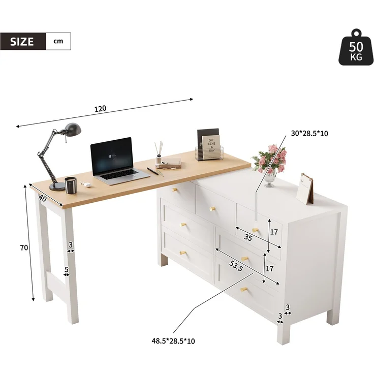 Schreibtisch mit 7-Schubladen Kommode -2-in-1 Drehwerkbank und Sideboard, Eichenoptik, 360° drehbare Tischplatte, weiß / natur, Schreibtisch, Frisiertisch, L-förmiger Eckschreibtisch – Bild 4