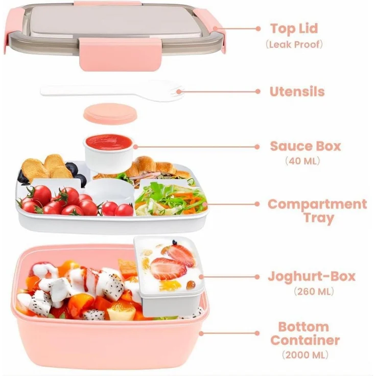 Lunchbox Brotdose Bento Auslaufsicher Fächer 2000ml dunkelrosa – Bild 2