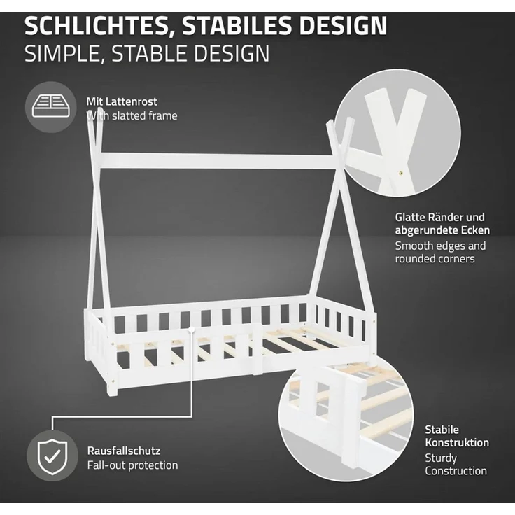 ML-DESIGN Spielbett Hausbett Tipi Zeltbett inkl. Lattenrost Bodenbett Kinder Himmelbett, Abenteuerbett mit Rausfallschutz Zelt Bett Kiefer Weiß Kinderhaus – Bild 4
