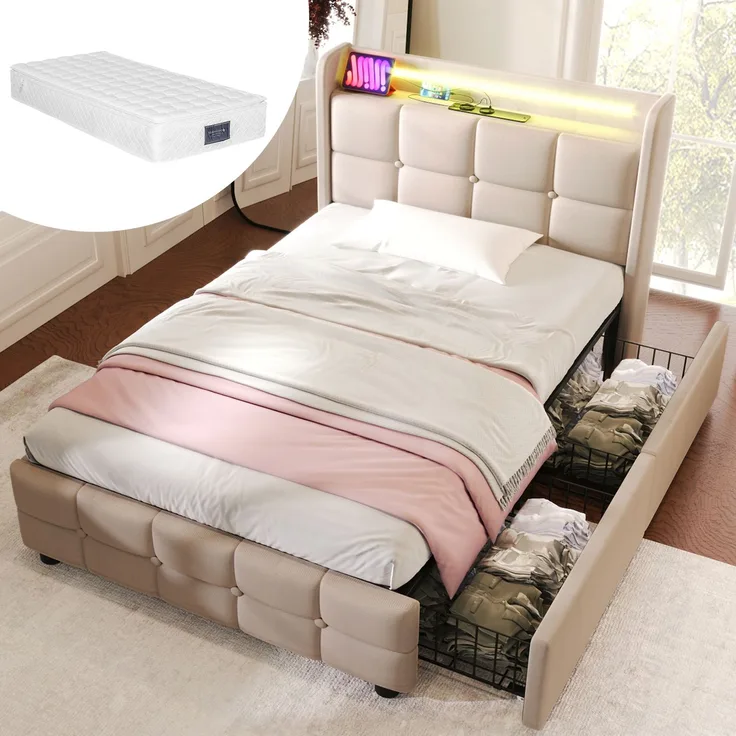 EINHOM Polsterbett mit Aufladen USB Ladefunktion Kopfteil und LED-Beleuchtung und 2 Schubladen, Einzelbett 90 x 200 cm Stauraumbetten Bettgestell, Lattenrost aus Holz, Beige (Mit Matratze)