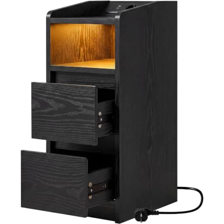 IRONCK Nachttisch 2er Set mit Ladestation und LED (Schwarz) | Weiß Nightstand mit 2 Schubladen, Nachtschrank für Schmale Räume Schlafzimmer, Wohnzimmer, Modern Narrow Bedside Table – Bild 5