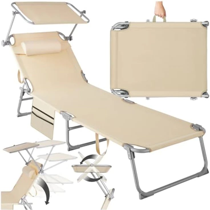 tectake® Sonnenliege klappbar, tragbar, Liege mit Seitentasche, Strandliege, Gartenliege mit Dach, Liegestuhl mit Verstellbarer Rückenlehne, inkl. Kopfkissen - für Balkon, Terrasse, Camping - beige – Bild 2