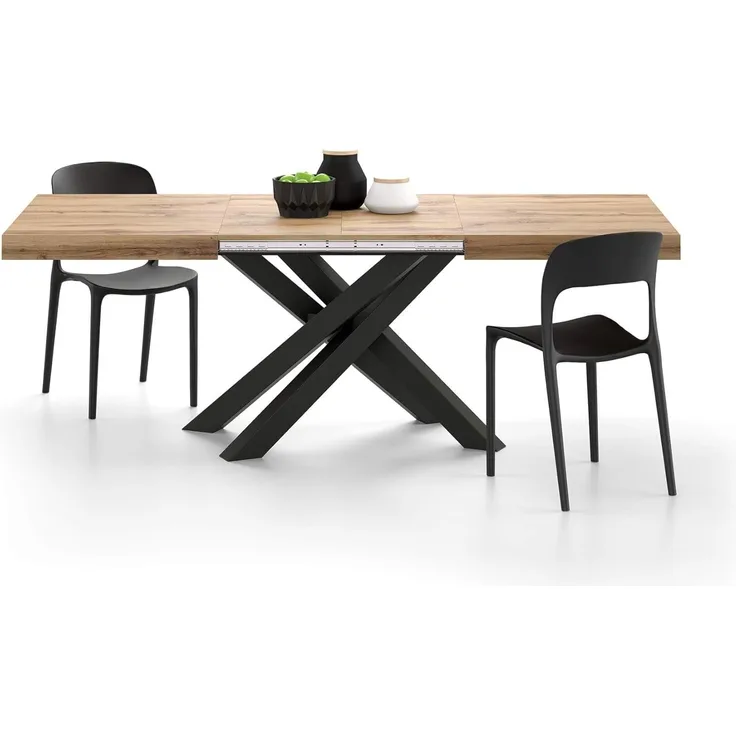 MOBILI FIVER, Ausziehbarer Tisch Emma 140, rustikale Eiche, mit schwarzen X-Beinen, Laminiert/Eisen, Made in Italy