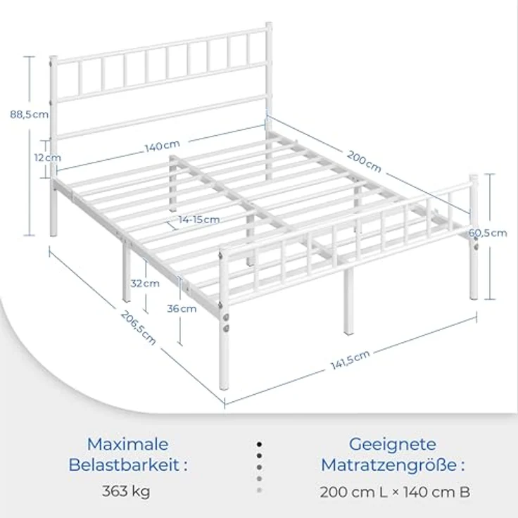 Yaheetech Metallbett 140x200 cm Bettrahmen mit Kopfteil Bettgestell aus Metall Gästebett mit Lattenrost für Schlafzimmer Gästezimmer Weiß – Bild 3