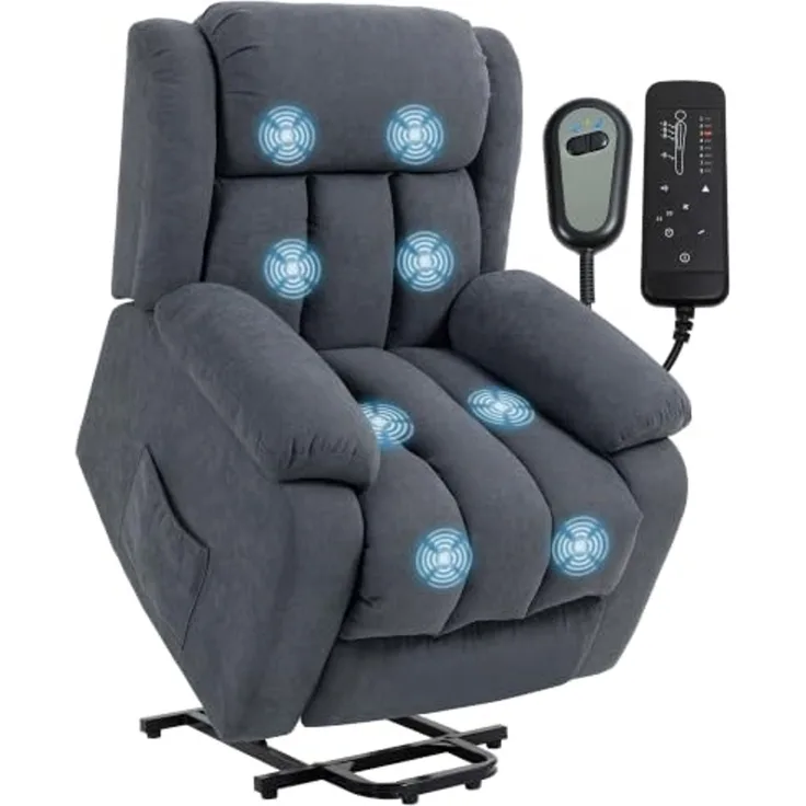 HOMCOM Relaxsessel Massagesessel TV-Sessel mit Liegefunktion, Massagefunktion (Fernsehsessel mit Aufstehhilfe, 1-St, Elektrisch Relaxsessel), mit Fernbedienung, Seitentasche, Fußteil, Leinenoptik, Dunkelgrau