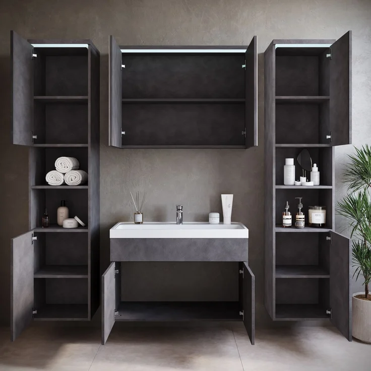 Badplaats Badezimmermöbel Set Paso XL 80 x 40 cm – Dunkelgrau – Waschtischunterschrank mit Spiegelschrank und Seitenschränken – Bild 4