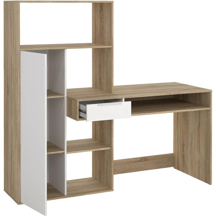 Dmora - Multifunktionsschreibtisch mit Bücherregal, Schublade und Tür, Farbe Weiß und Eiche, 162 x 155 x 60 cm – Bild 9