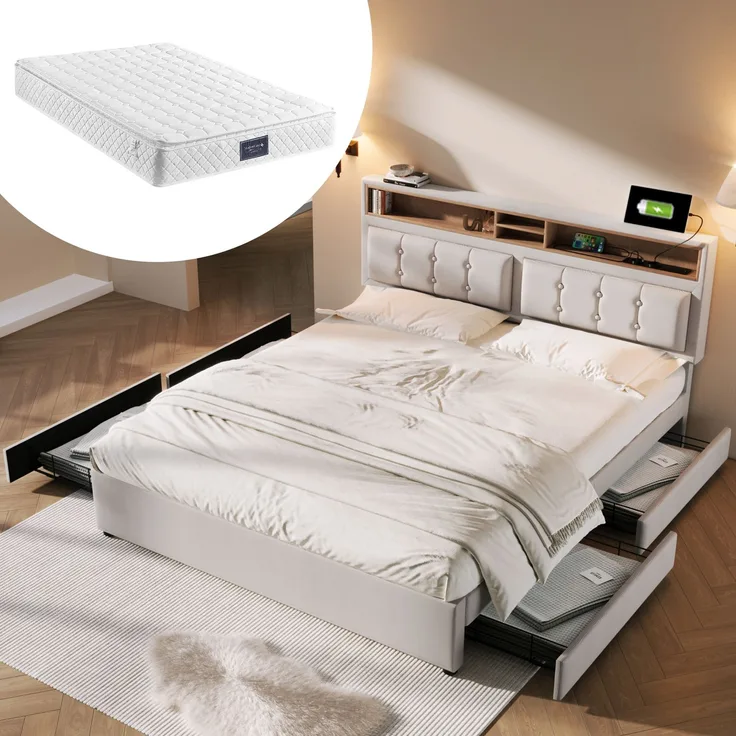 Polsterbett 140×200 cm mit verstellbarem Kopfteil,USB & Steckdosen,4 Schubladen,Leinenstoff beige,inklusive Matratze