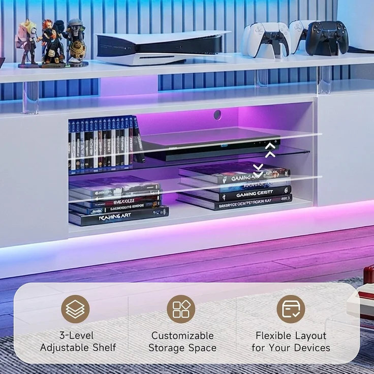 Aoxun 200 cm Fernsehstand, mit 2 Seitenkabinett, Moderner Stilvoller TV-Console mit LED Leuchten, Gaming-Fernseh-Medienconsole mit Verstellbarem Glasregal, Fernbedienung & APP-Steuerung, Weiß – Bild 5