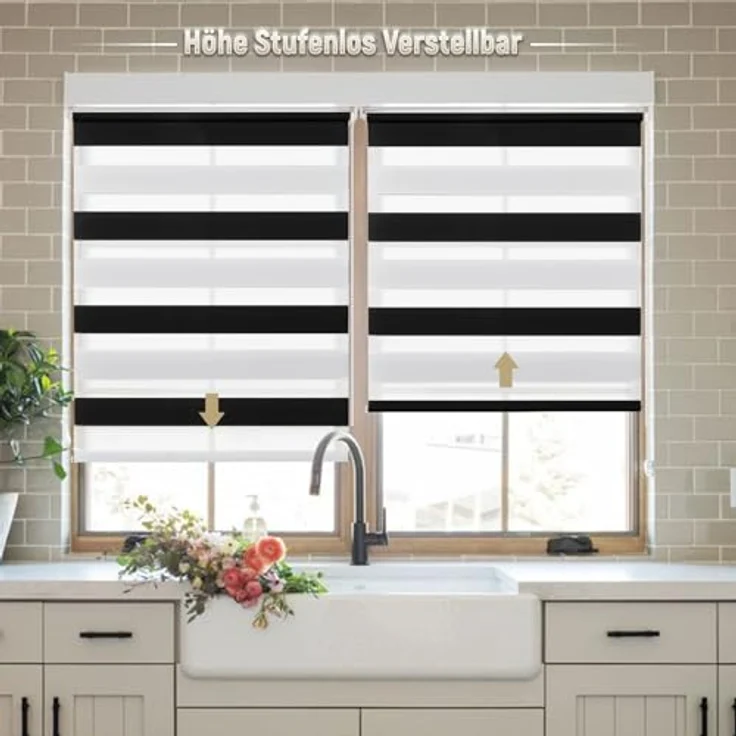 Deswell Doppelrollo Klemmfix ohne Bohren Schwarz-weiß B60 x H130 cm (Stoffbreite 56cm) Rollos für Fenster ohne Bohren für Fenster mit Lichtdurchlässig & Verdunkelnd/Höhe Stufenlos Verstellbar – Bild 3