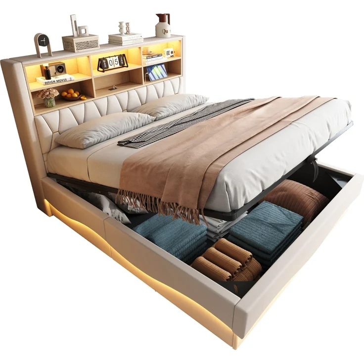 Merax Polsterbett, 180×200cm Doppelbett, mit hydraulischem Stauraum APP-gesteuertes LED-Lichtband USB-Ladeanschluss Metall-Lattenrost, Leinenpolsterung, Beige – Bild 10
