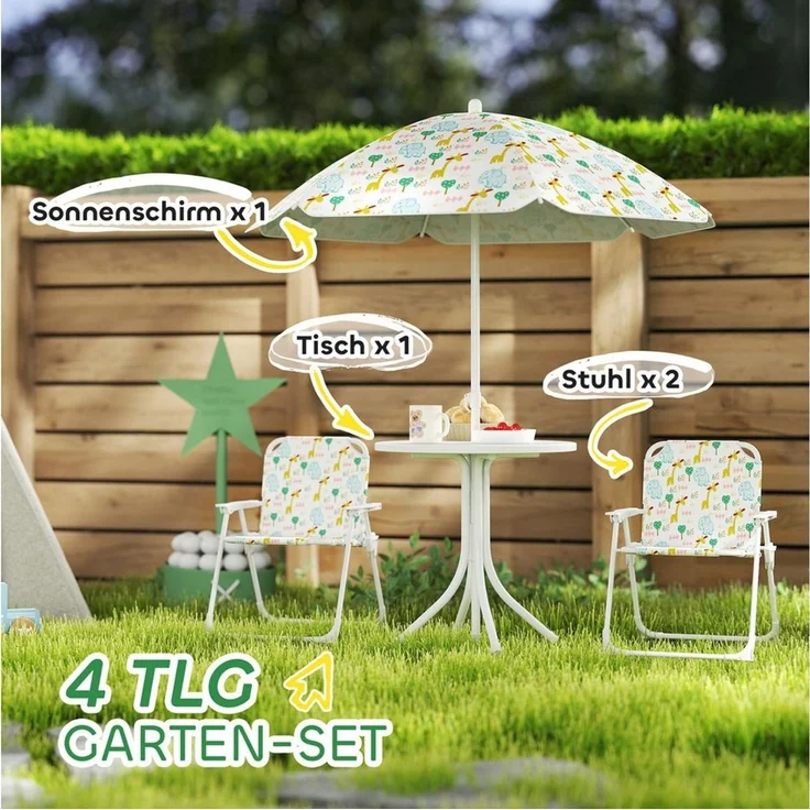 AIYAPLAY Garten-Kindersitzgruppe Kindersitzgarnitur, (mit Tisch, Klappstuhl, Sonnenschirm, 4-tlg, für Camping, 2-5 Jahre Kinder), Weiß – Bild 3