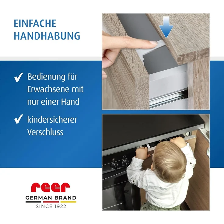 reer Schrank- und Schubladensicherung mit Montagehilfe | Einfache Einhand-Bedienung | Schraubmontage | integrierter Klemmschutz | 3 Stück | Farbe: weiß – Bild 6