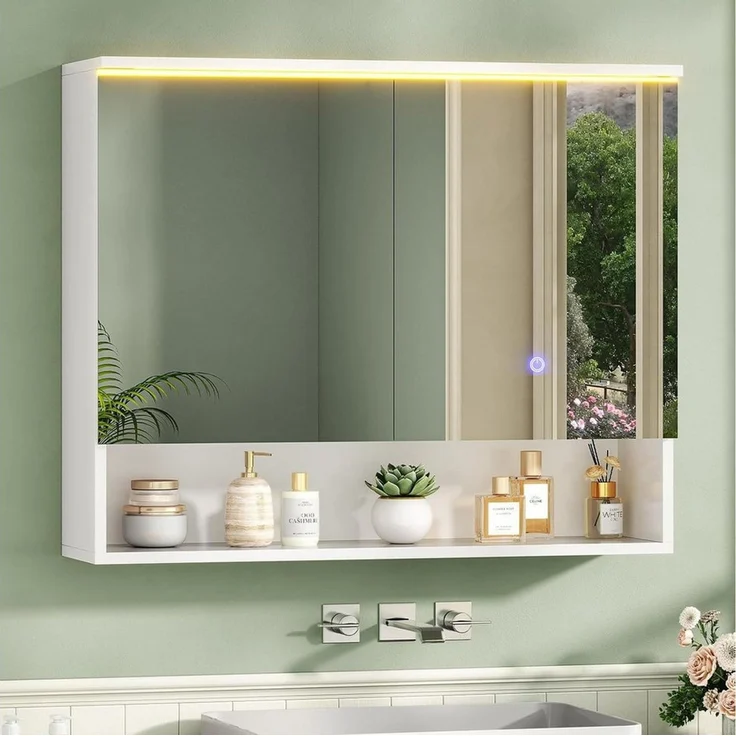 MSMASK Badezimmerspiegelschrank mit LED-Beleuchtung und Steckdose, Offenes Regal, 80 x 19,5 x 75.5 cm (1-St) 3-stufig höhenverstellbare Ablage – Bild 1
