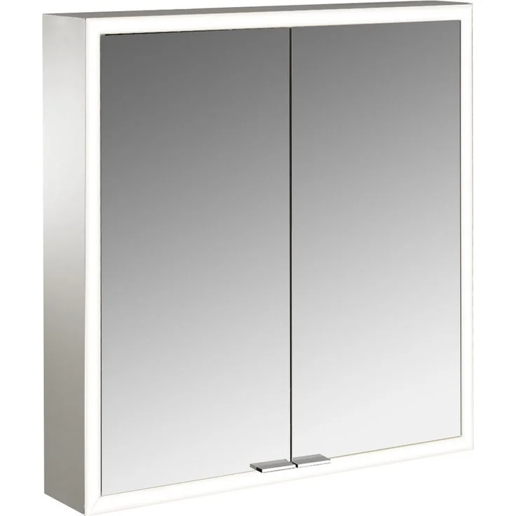 emco LED Lichtspiegelschrank prime Facelift 600x200 mm, 2-türig mit Glasablagen, stufenlos einstellbarer LED-Beleuchtung, Steckdose, IP20, weiß