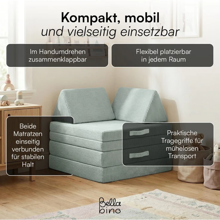 Bellabino 'Nile' Spielsofa mit Toren, 8-tlg, Cord, türkis, faltbare Kindercouch, abnehmbarer & waschbarer Bezug, Kindersofa aus Schaumstoff, Oeko-Tex zertifiziert – Bild 8