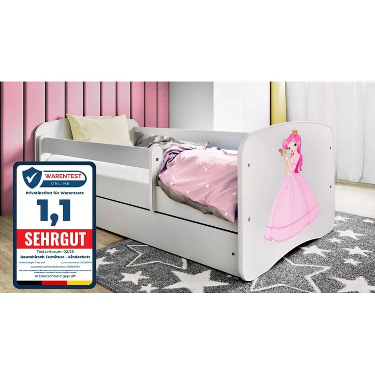 Raumhirsch Furniture Kinderbett 70x140, 80x160, 80x180 cm - Komplettset mit Matratze & Schublade (Bett für Mädchen, Einzelbett Kinder 2–12, mit Rausfallschutz & Lattenrost), verschiedene Farben & Designs